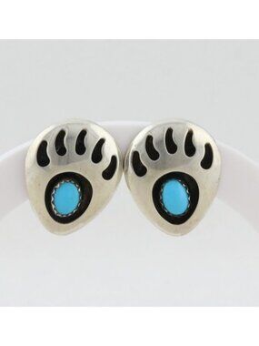 Sterling Silver Turquoise Bear Paw Earrings Stud Post 7/8" x 3/4"